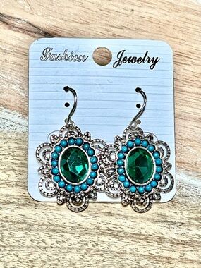 Green Crystal Boho Oval Earrings with Turquoise Seed Beads